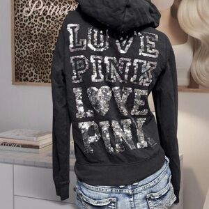 PINK Victoria’s Secret Black Sequin Vintage Y2K Zip Hoodie